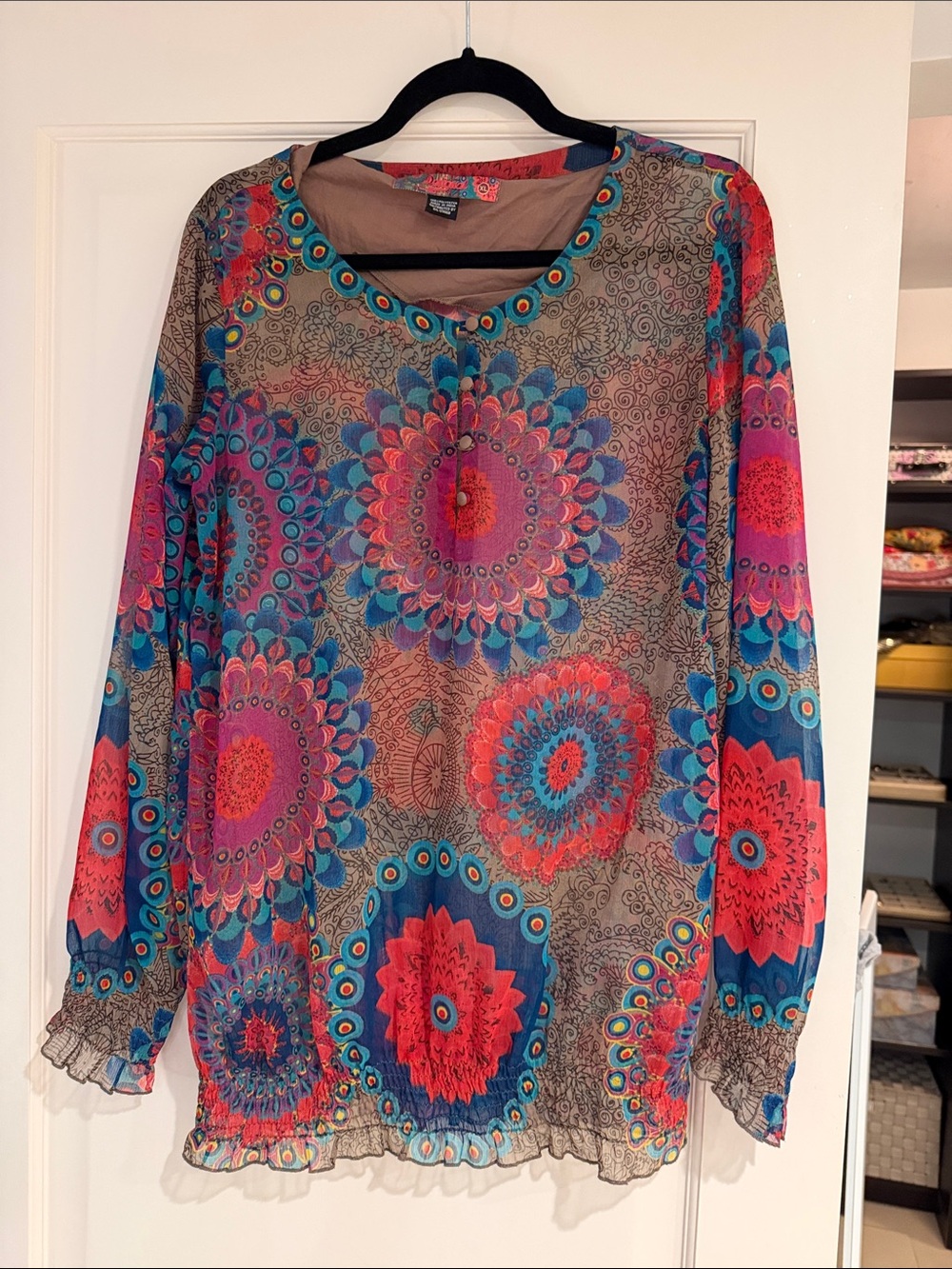 Desigual Multicolor Floral-Mandala Long Sleeve Top - Turquoise, Pink, Red